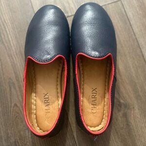 Charix Dark Navy Leather Slip On Flats Red Trim Minimalist Comfort Shoes EU 36